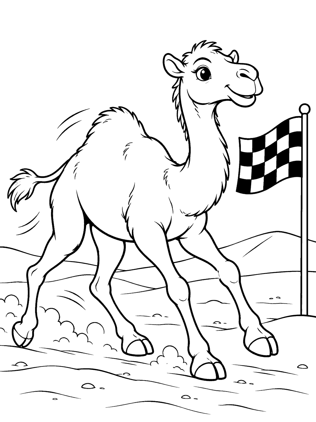 Trotting camel with separated legs passing a checkered finish flag on a desert coloring page