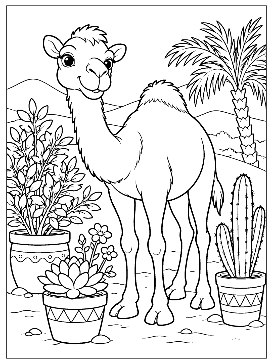 Black-and-white camel coloring page with a leafy potted shrub, flowering succulent, and potted cactus in a desert garden.