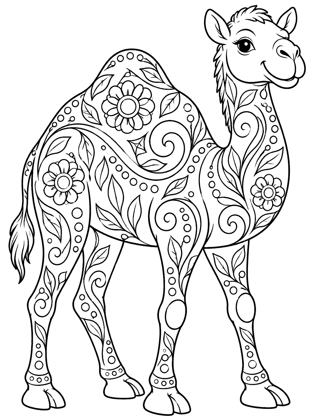Friendly camel coloring page with flowing swirls, leaves, dots, and flower rosettes
