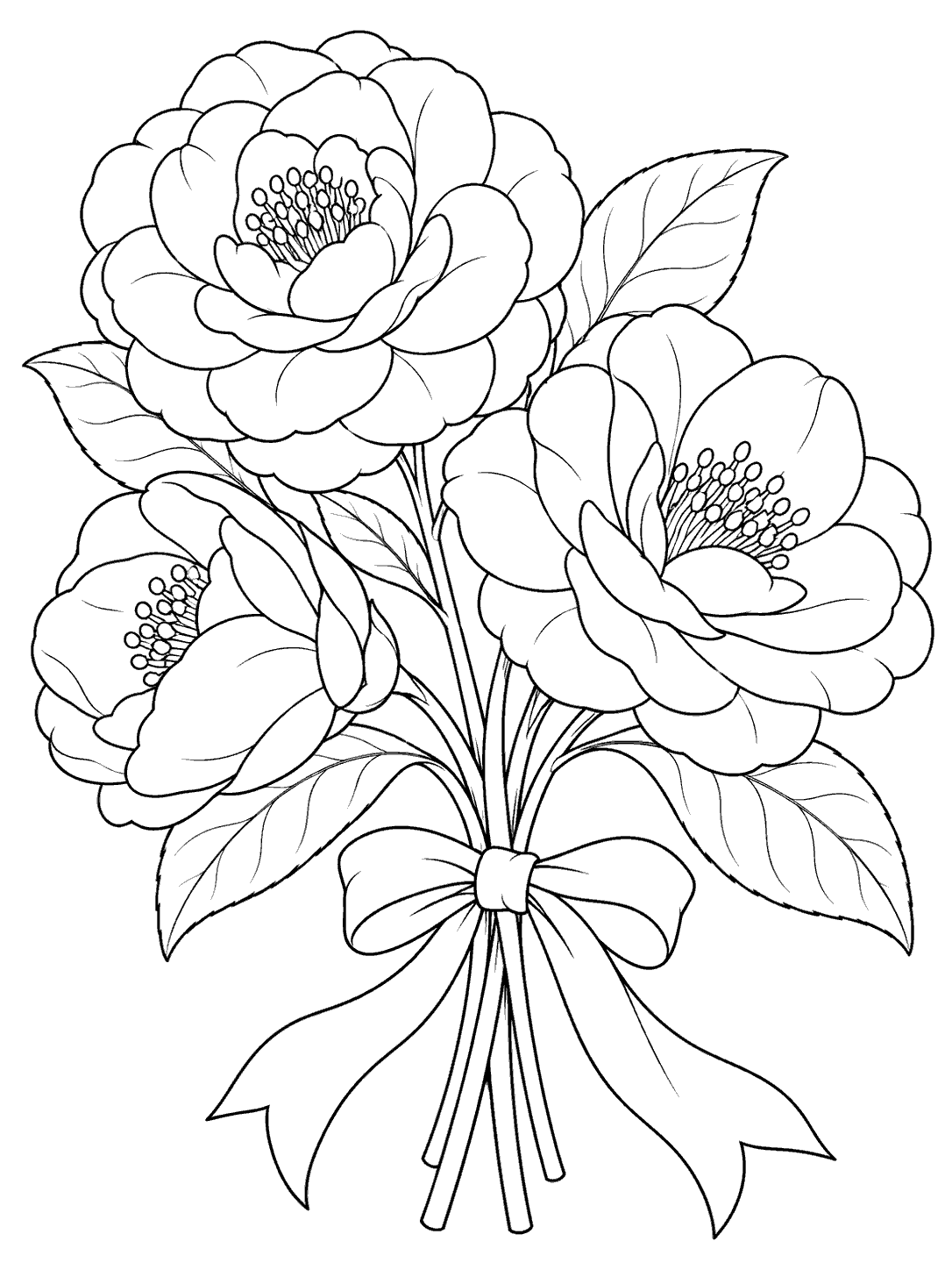 Black-and-white coloring page showing three large camellia flowers with visible stems tied by a ribbon and surrounded by broad leaves.