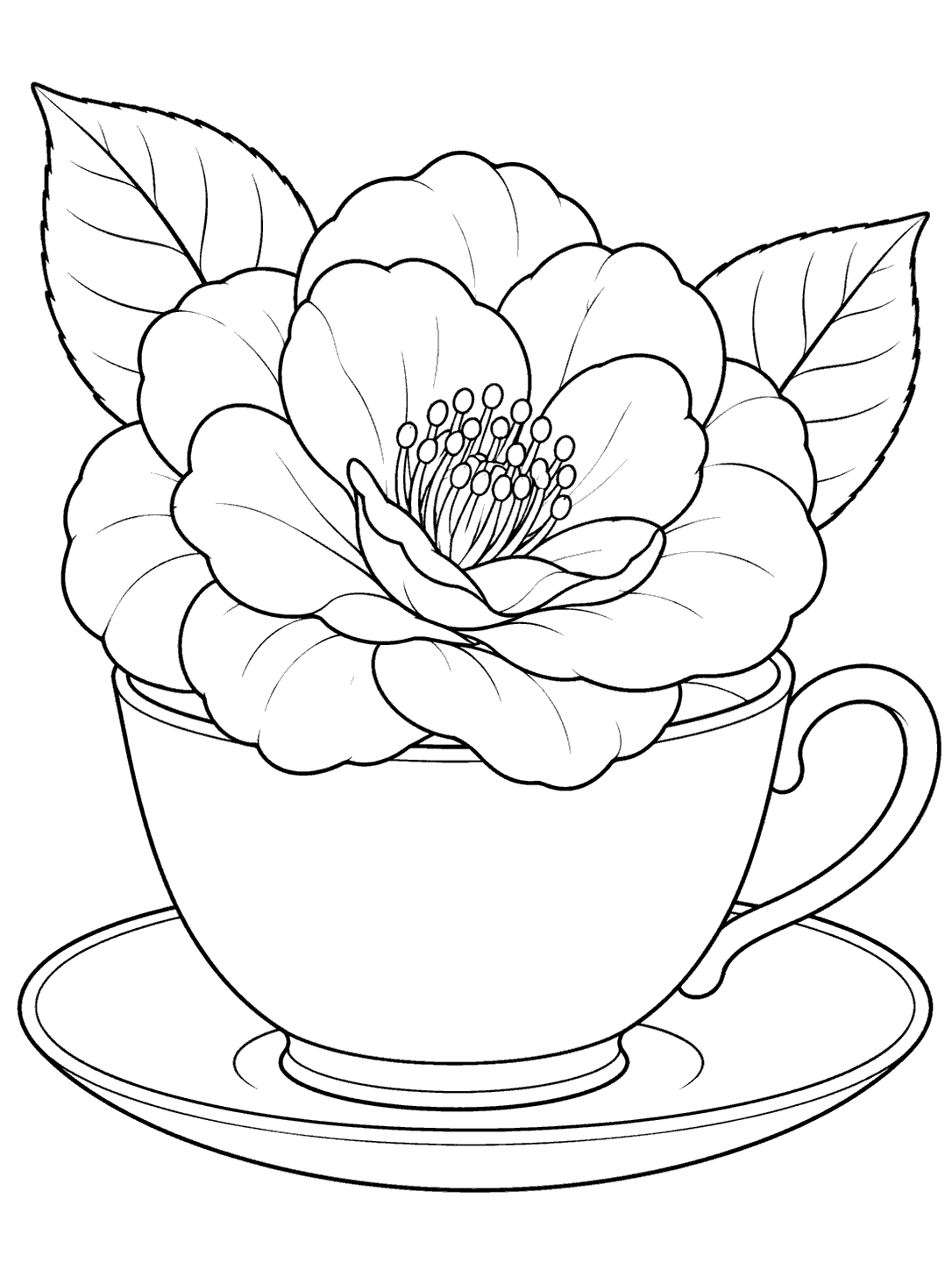 Black outline coloring page of a camellia bloom and two leaves arranged in a teacup on a saucer.