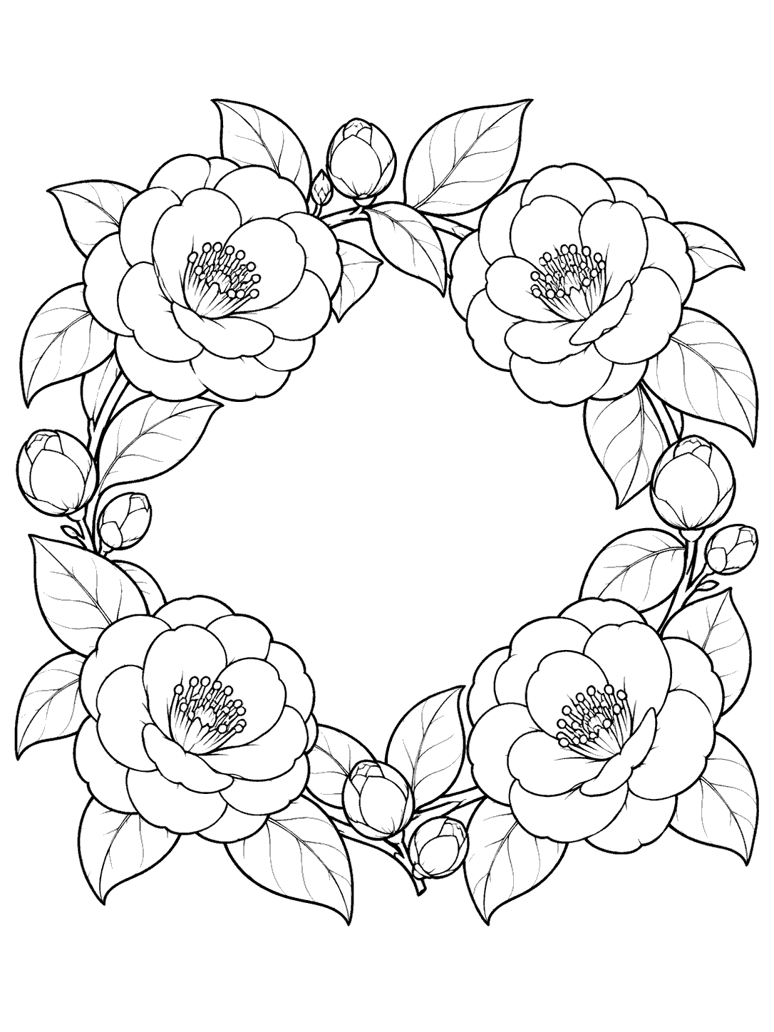 Black-and-white camellia wreath coloring page with four blooms, buds, broad leaves, and an open center.