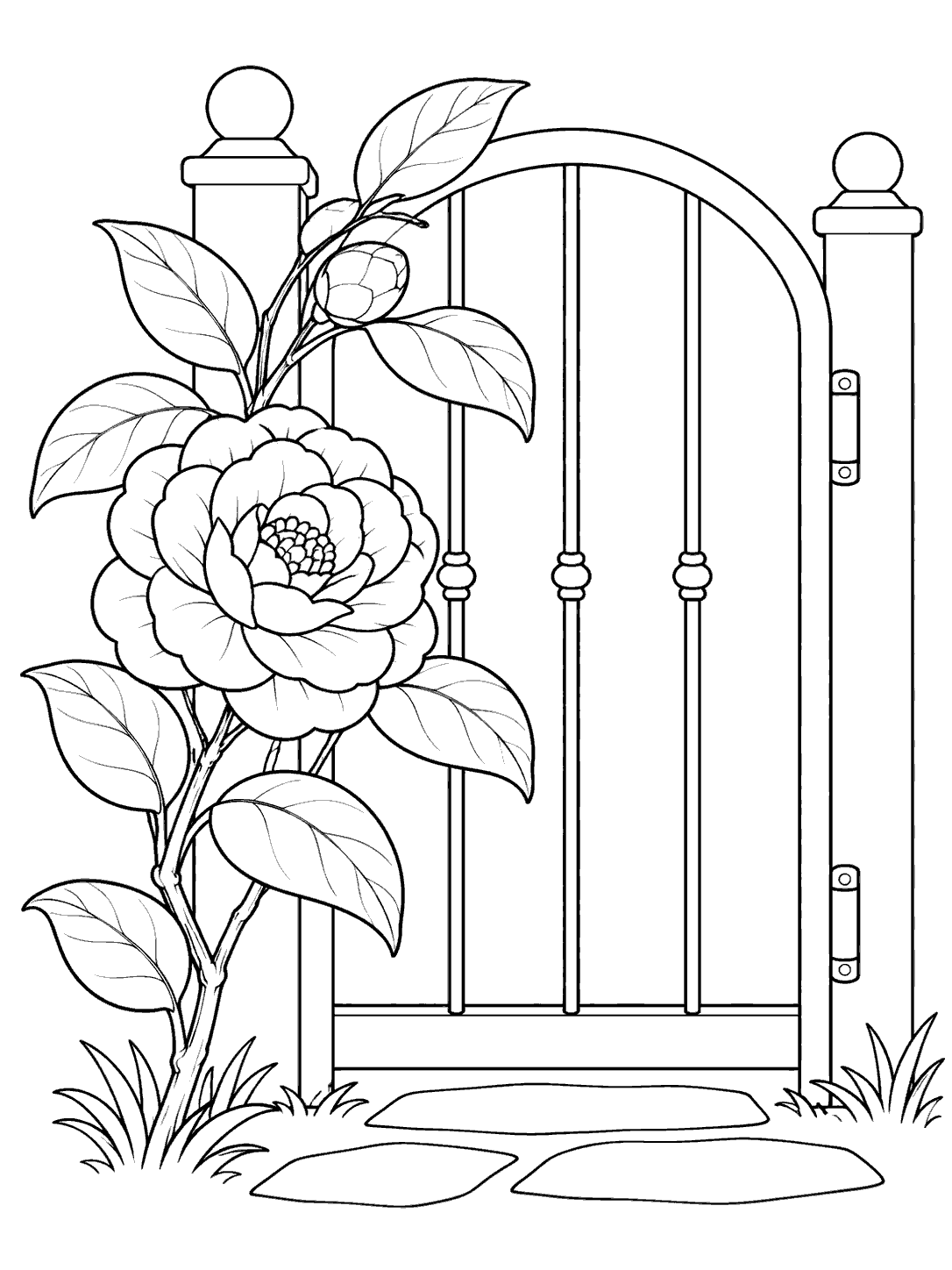 Black-and-white camellia coloring page with a large bloom and broad leaves beside an arched garden gate, with stepping stones and grass.