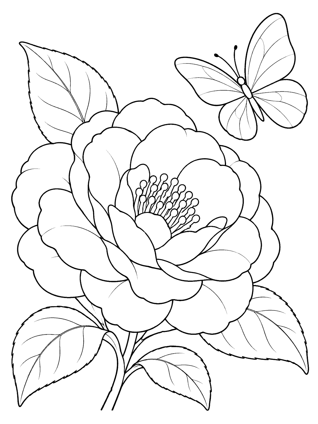 Black-and-white camellia coloring page with a large flower on a leafy stem and a butterfly hovering above it.