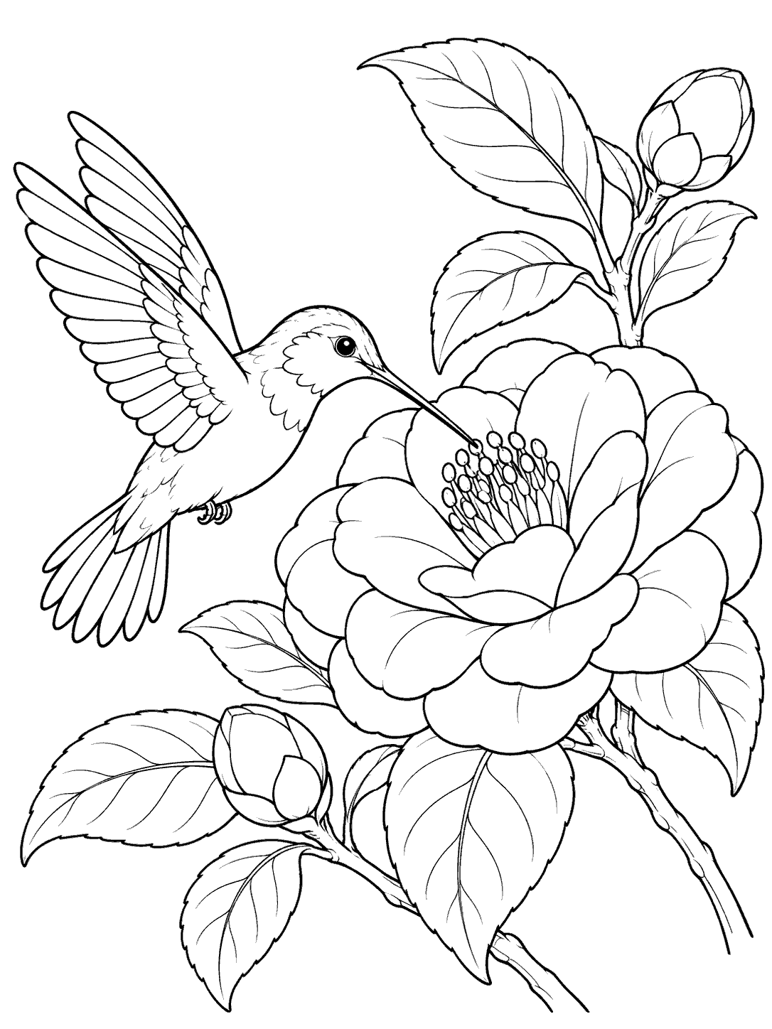 Black-and-white coloring page showing a hummingbird hovering beside a large camellia flower, buds, and leaves.