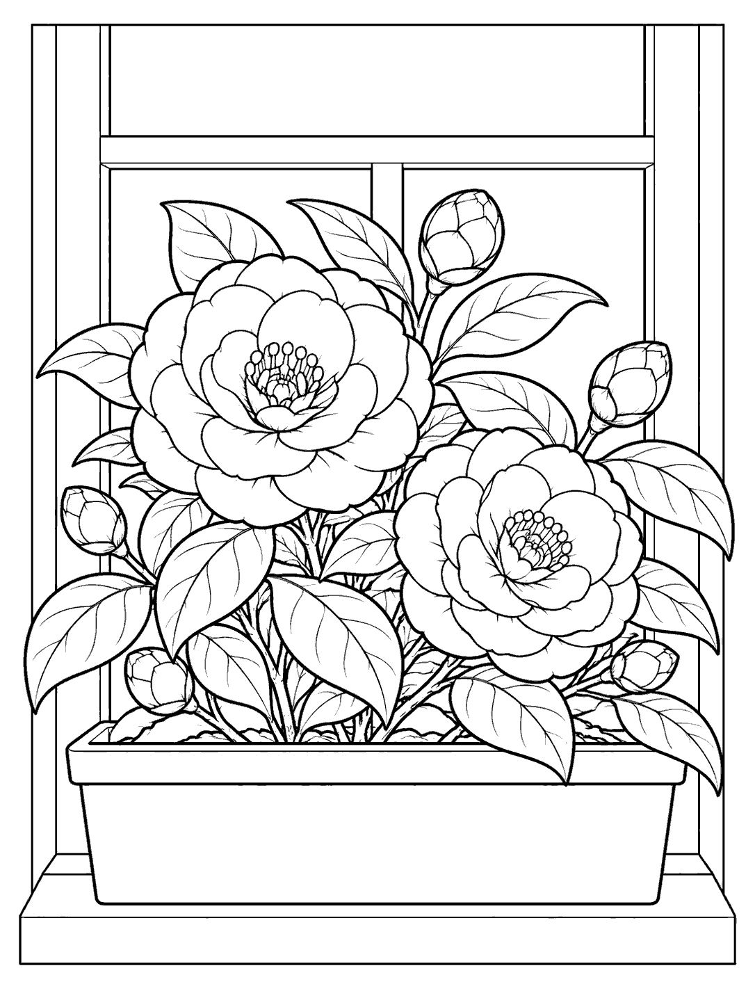 Camellia in a window box coloring page with two open blooms, buds, and broad leaves against a simple window frame.