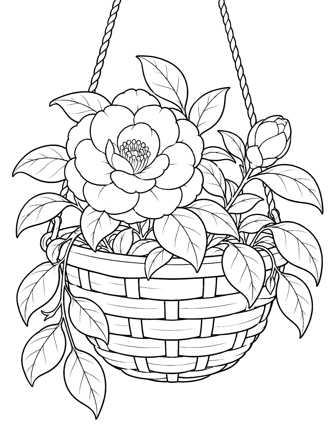 Black-and-white camellia coloring page showing a large bloom, one bud, and leafy stems in a hanging basket.