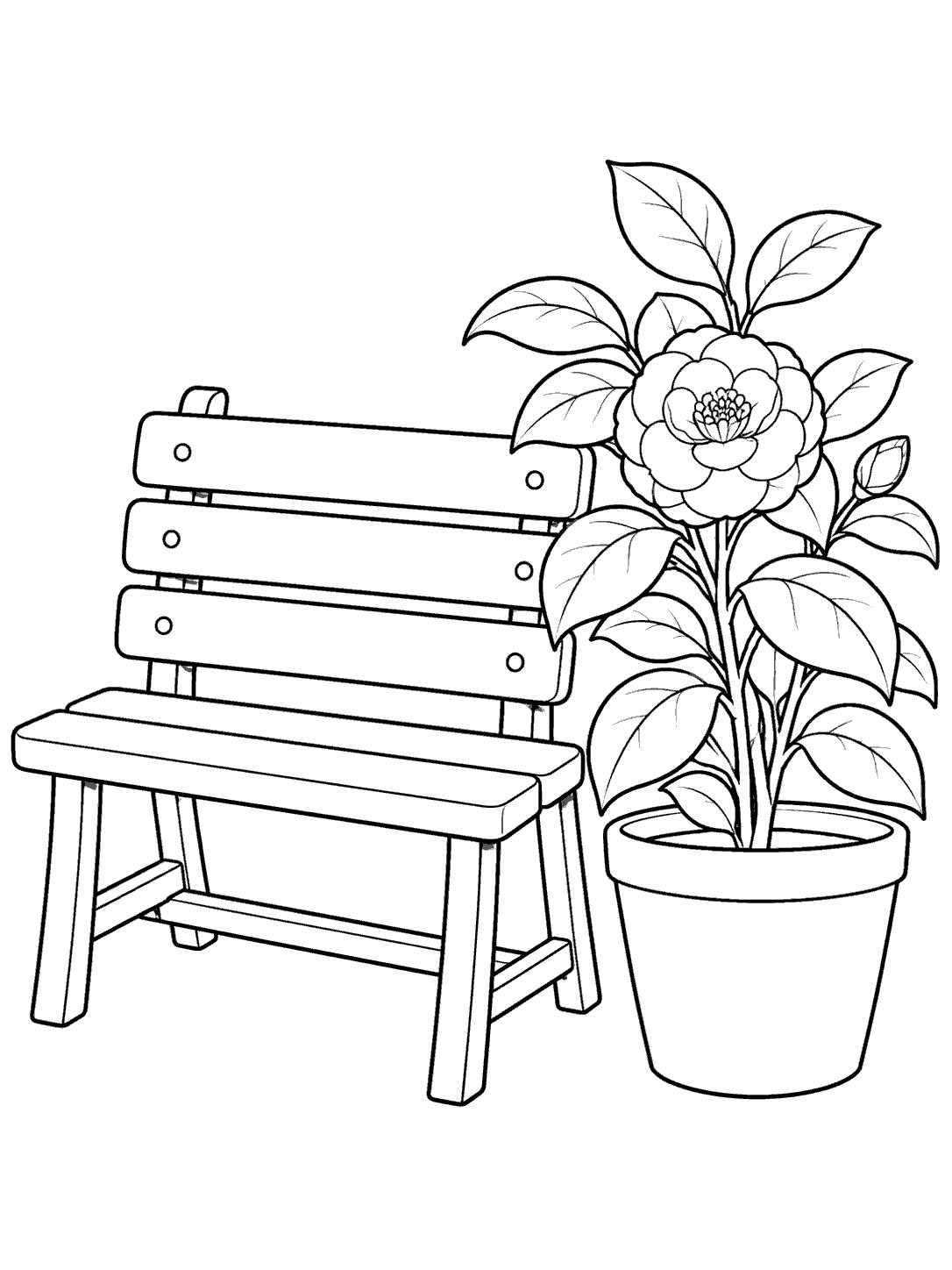 Black-and-white camellia and garden bench coloring page