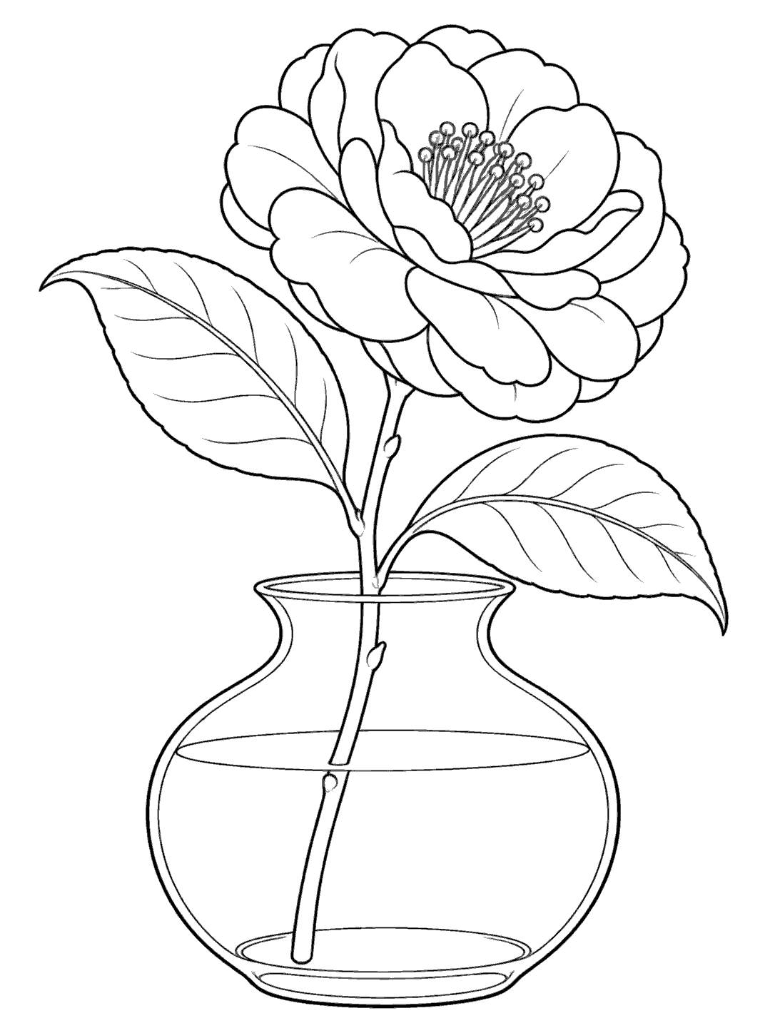 Camellia coloring page showing one large open flower and two leaves in a glass vase.