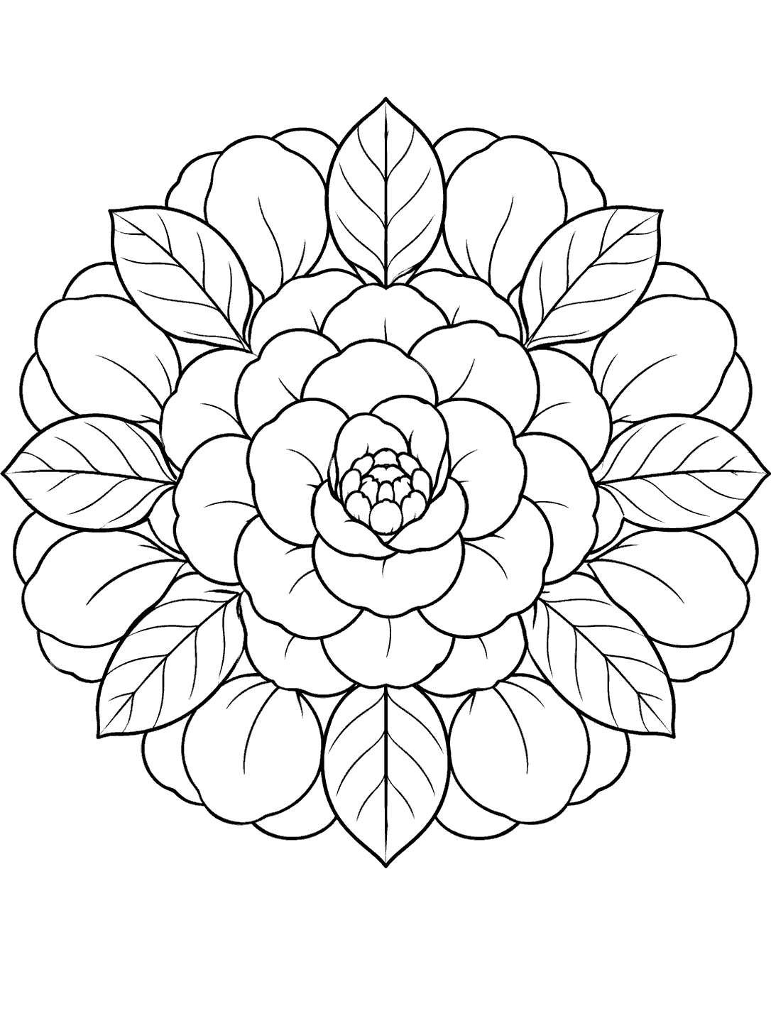 Black-and-white camellia mandala coloring page with a large layered flower and rings of petals and leaves.