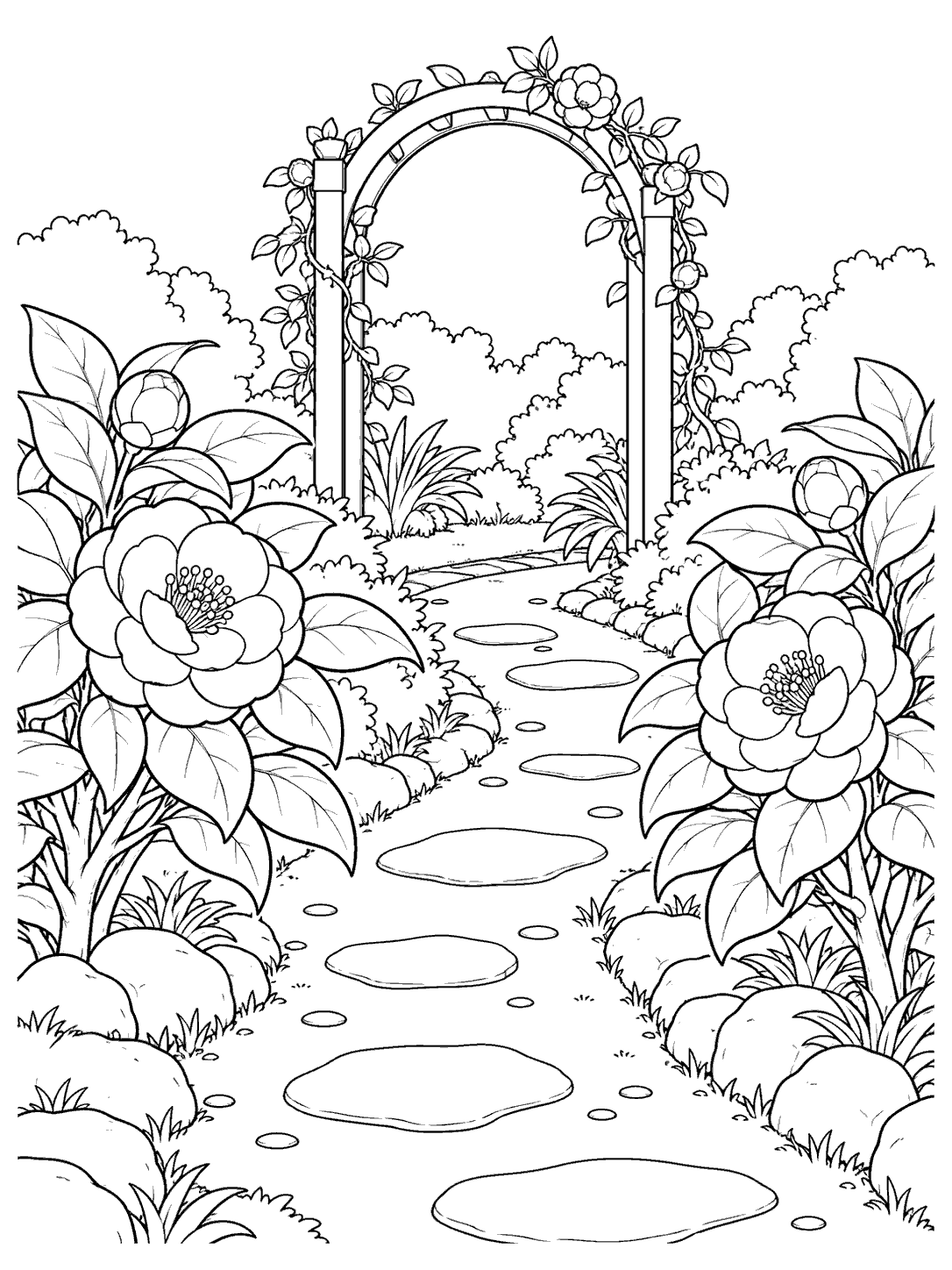 Camellia garden path coloring page with two flowering shrubs and a leafy arch