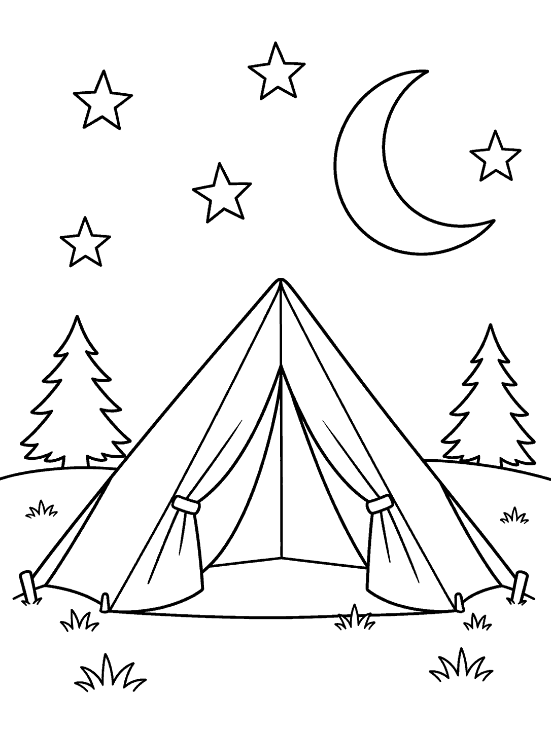 A large triangular camping tent beneath a crescent moon and five stars, with two distant pine trees and small tufts of grass.