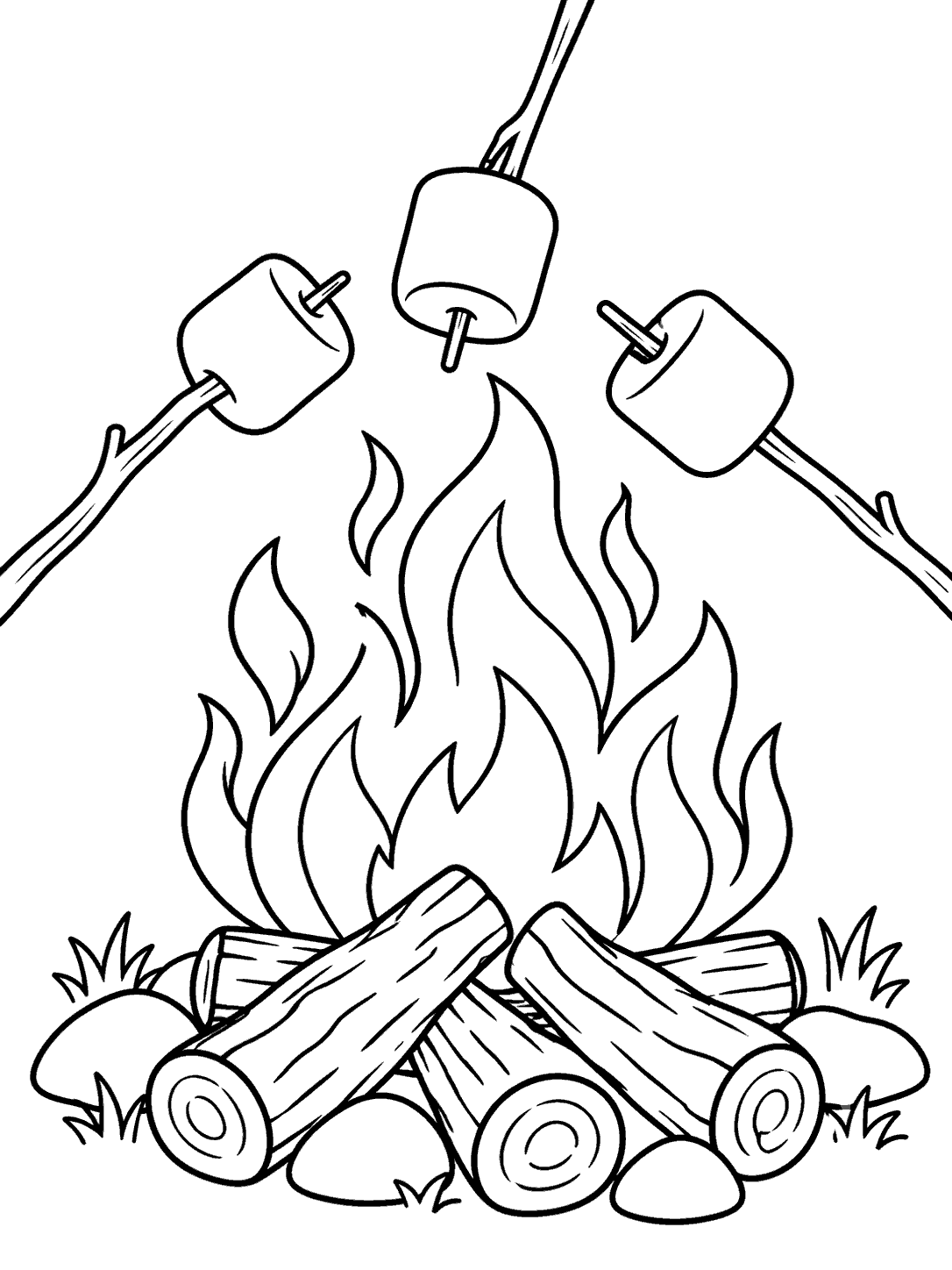 Black outline coloring page showing three marshmallows on sticks above a campfire with crossed logs and small tufts of grass.