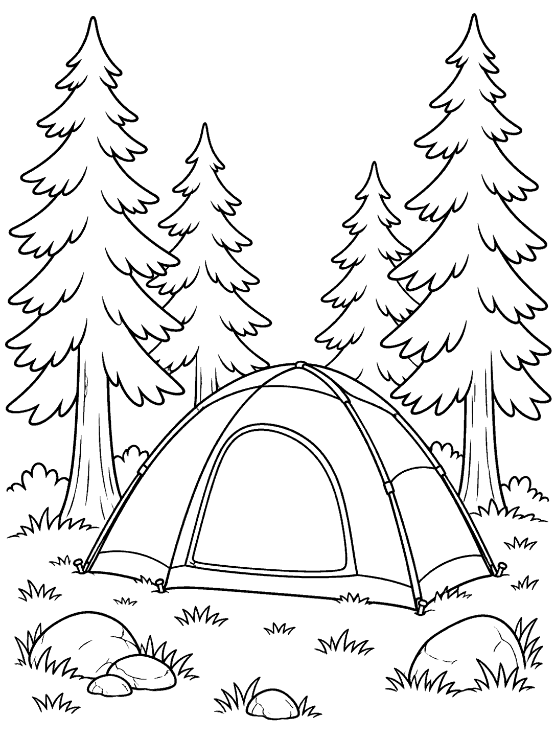 Dome tent in a pine forest clearing coloring page