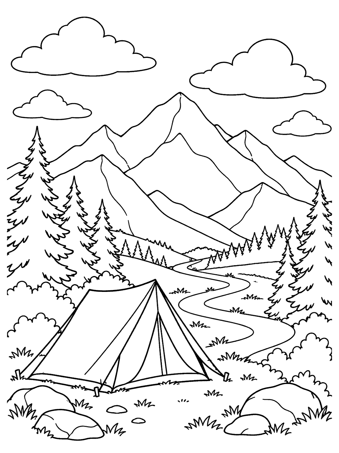 Camping coloring page with a tent in the foreground, winding trail, mountain range, trees, and clouds.