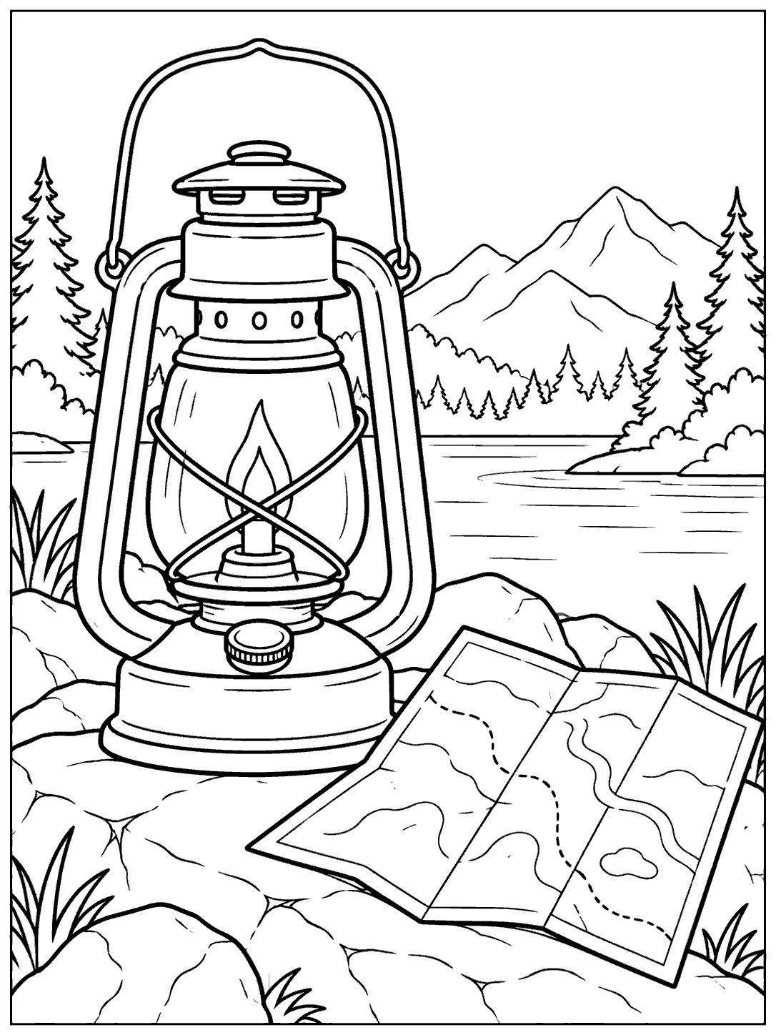 Black-and-white camping coloring page with a large vintage lantern beside an open folded map, framed by a mountain lake, trees, rocks, and grass.
