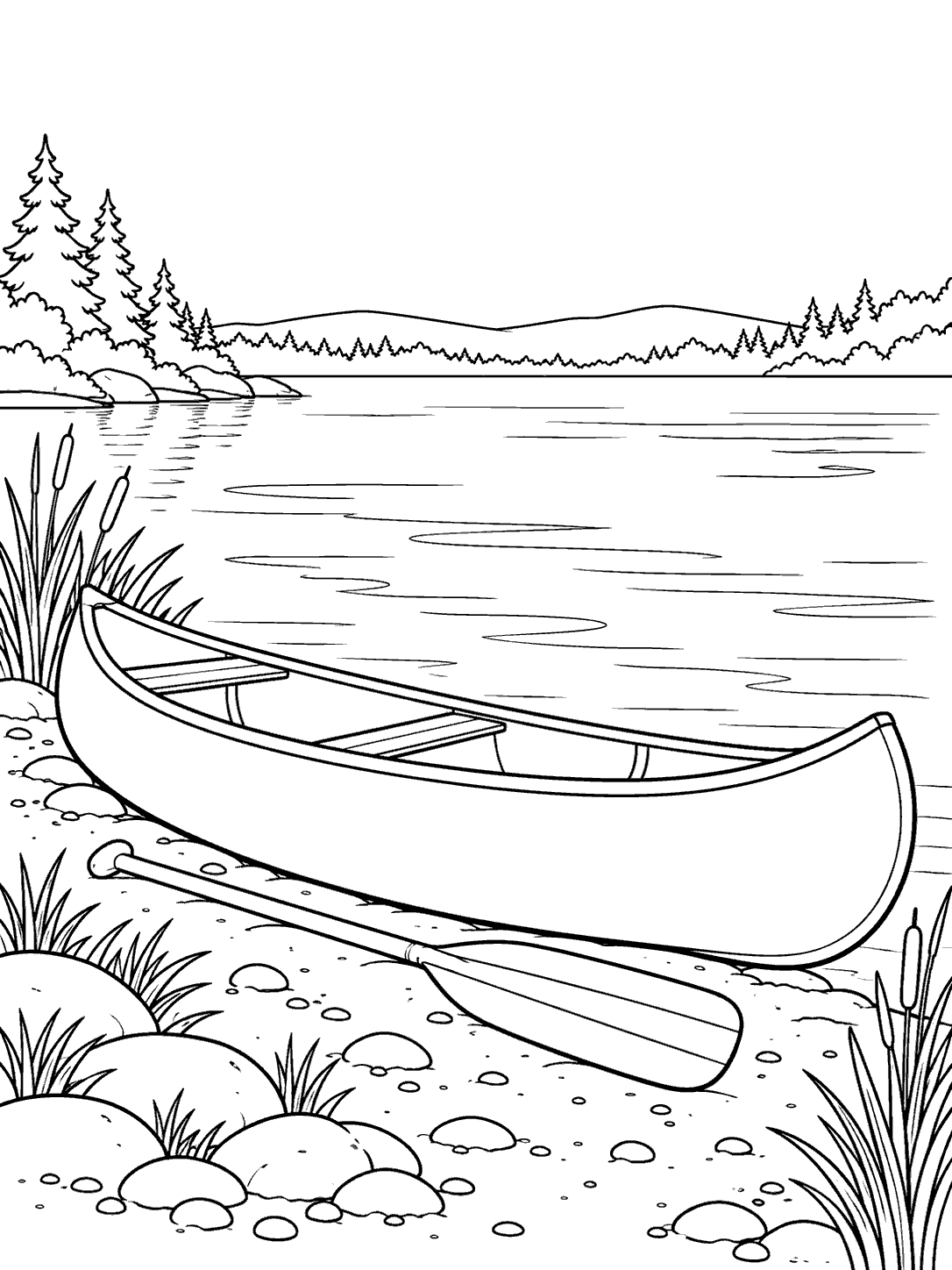Canoe and paddle on a rocky lakeshore beside a calm lake coloring page