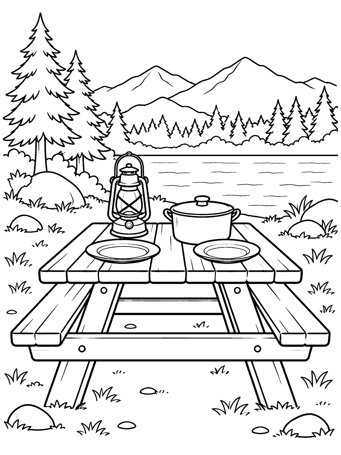 Campsite picnic table with lantern, two plates, and a lidded pot in a mountain forest clearing coloring page