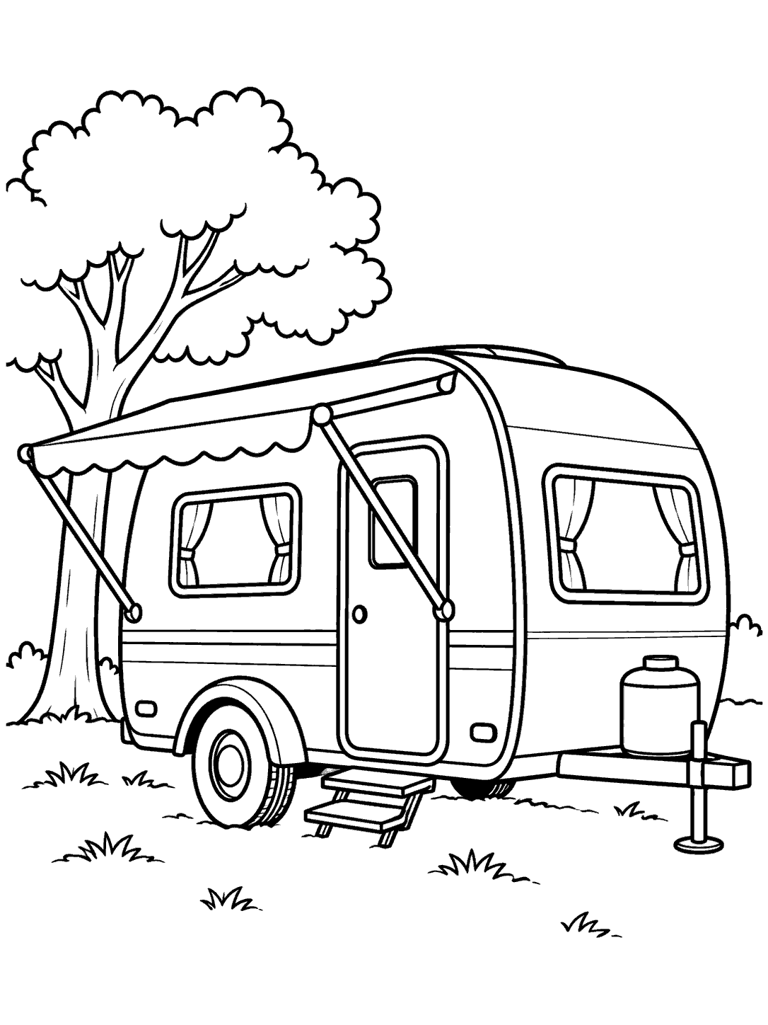 Compact camping trailer with an awning, two windows, and a nearby tree coloring page