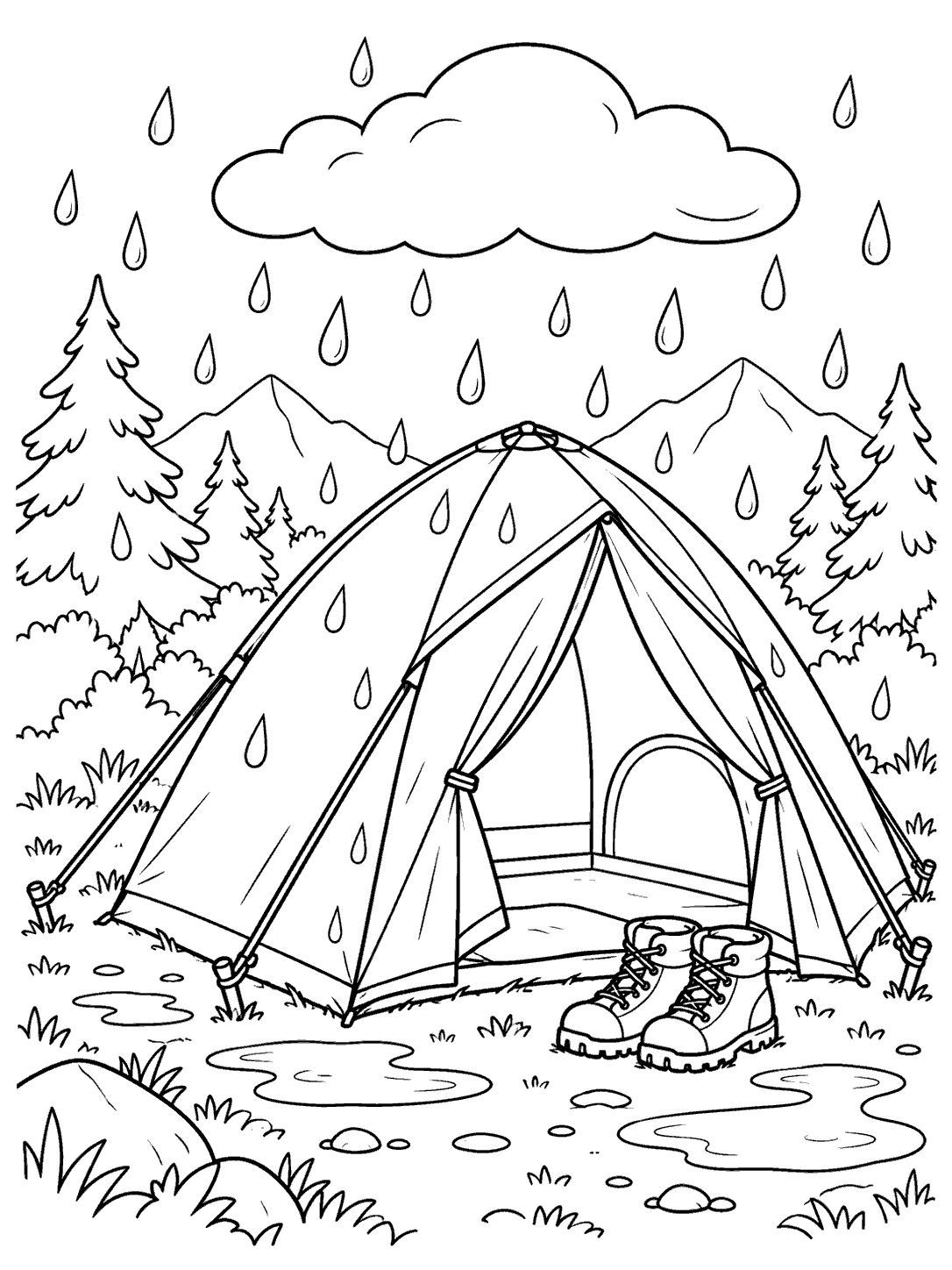 Rainy camping tent with boots coloring page