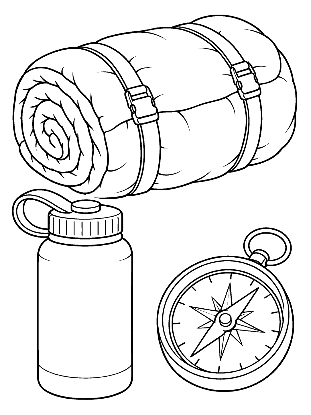 Rolled sleeping bag, reusable water bottle, and compass arranged as camping gear coloring page