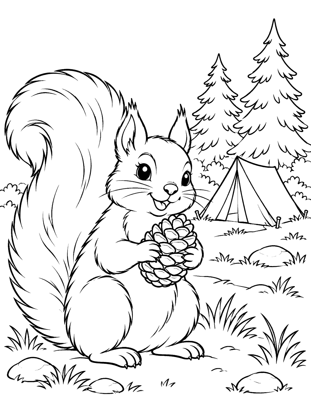 Black-and-white coloring page of a squirrel holding a pinecone at a campsite with a tent and two pine trees.