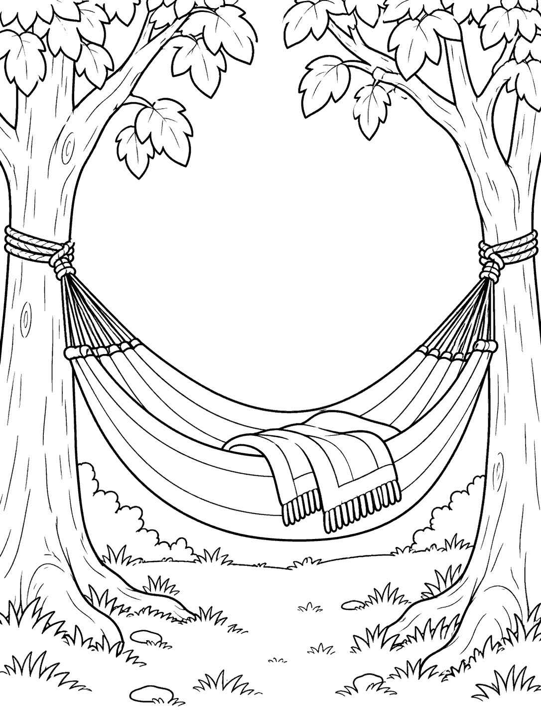 Black-outline camping coloring page showing an empty hammock and folded blanket between leafy trees.