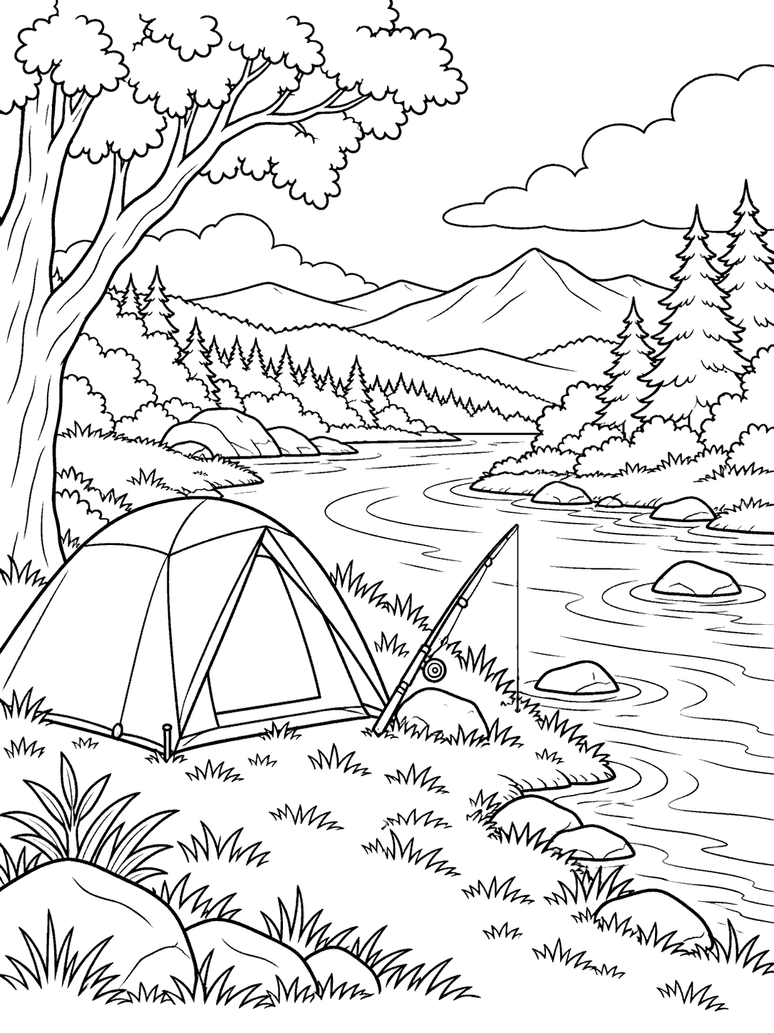 Riverside campsite with tent and fishing rod coloring page