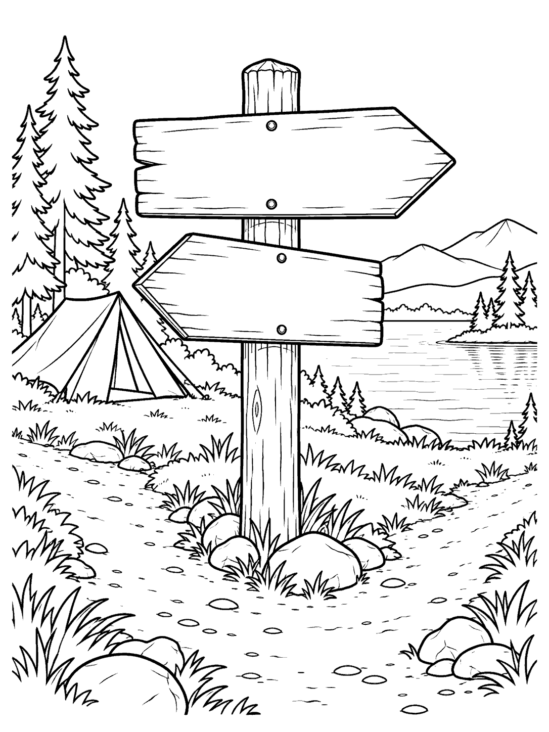 Rustic blank trail signpost with a tent, lake, trees, and mountain scenery in a camping coloring page.
