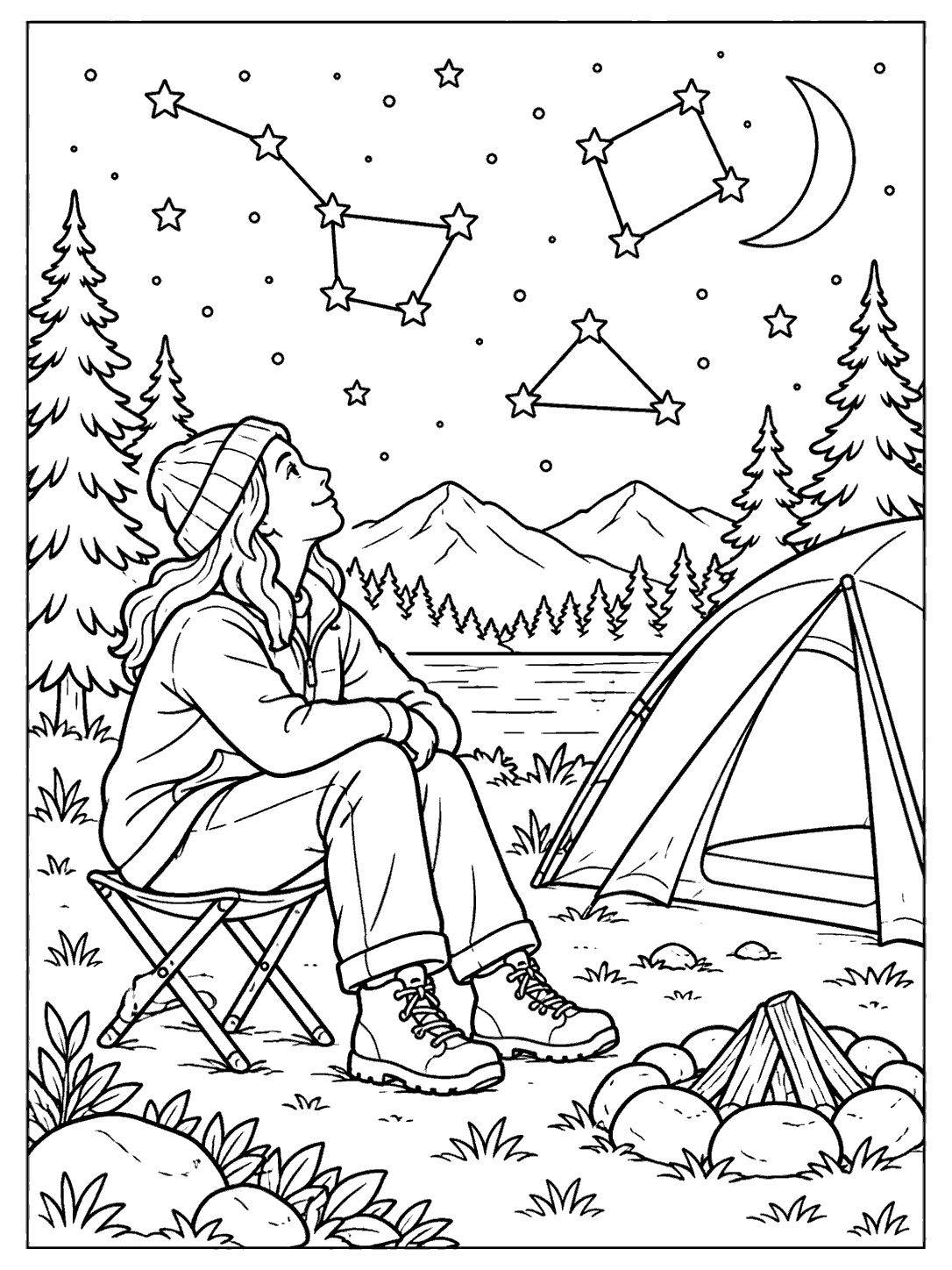 A fully clothed camper seated beside a tent, stargazing among connected constellations, in a black-and-white coloring page.