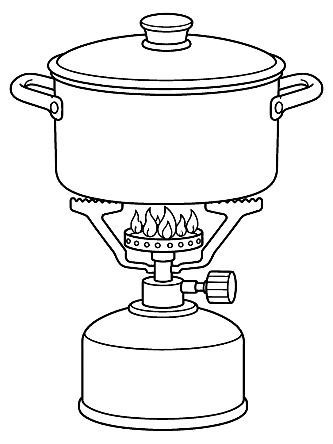 Lidded camping pot over a camp stove and unmarked fuel canister coloring page