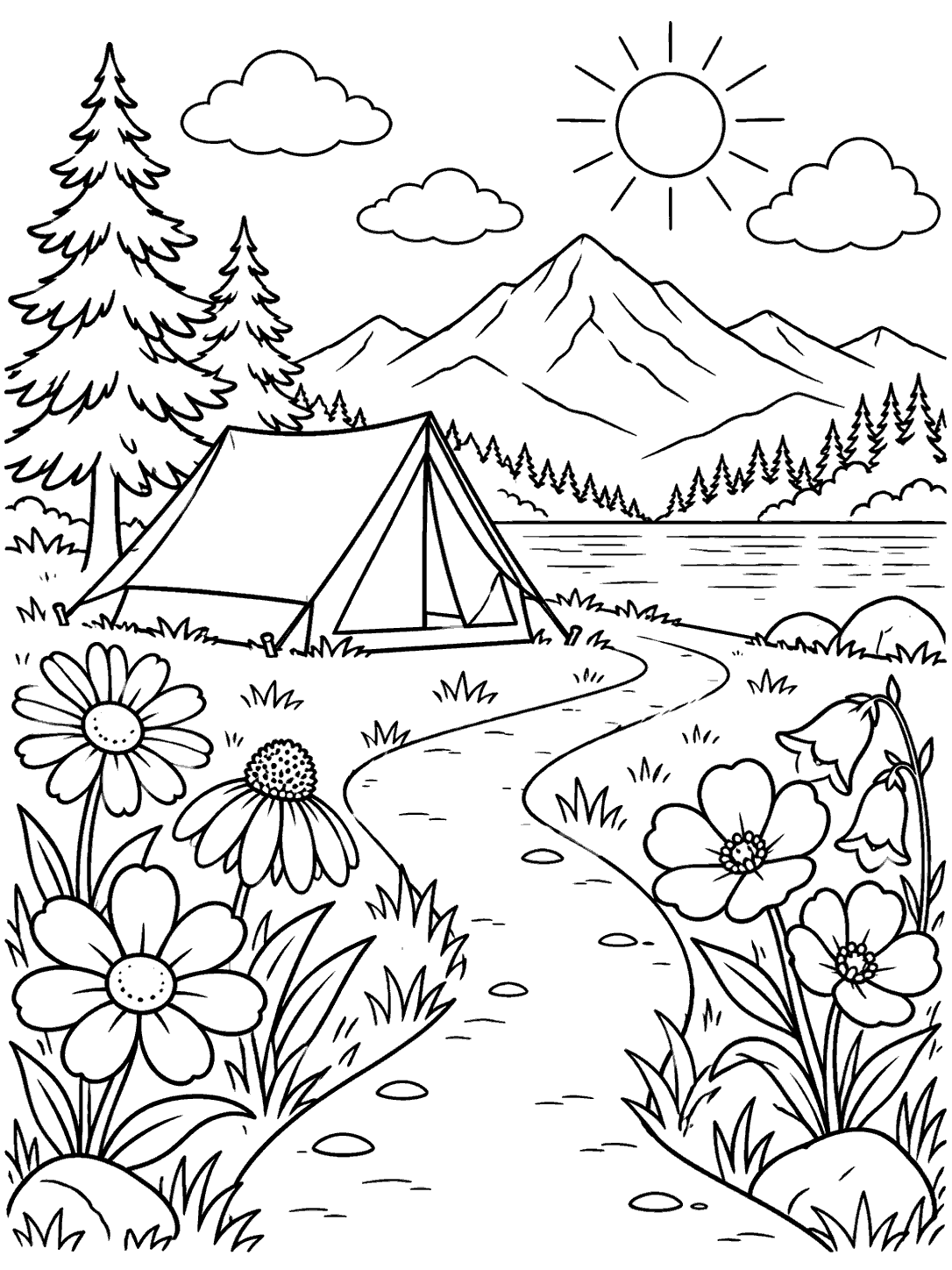 Black-and-white campsite coloring page with a tent, curving path, large wildflowers, pine trees, mountains, and a lake.