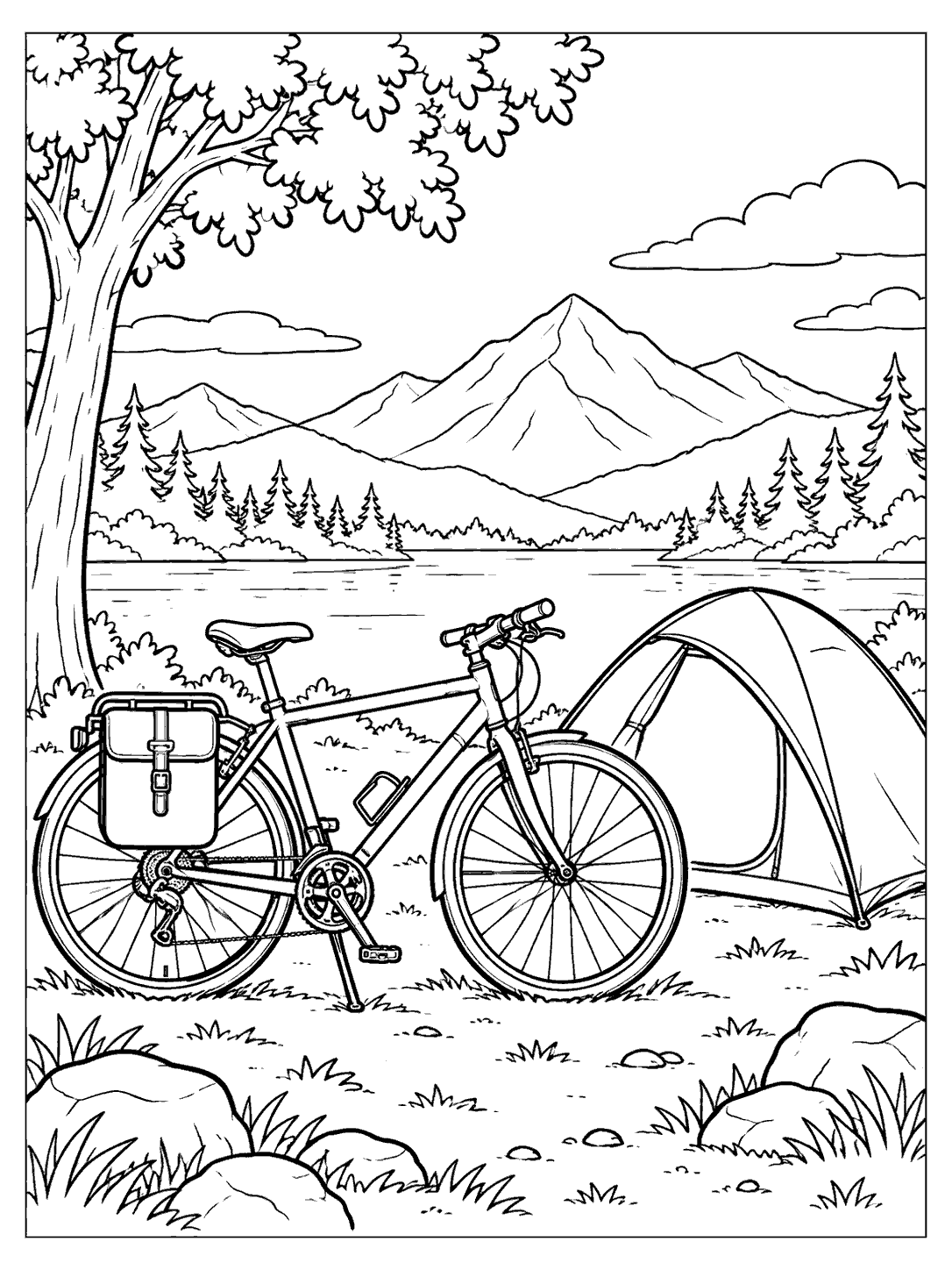 Black-and-white touring bicycle with a rear pannier beside a tent, lake, and mountain campsite coloring page