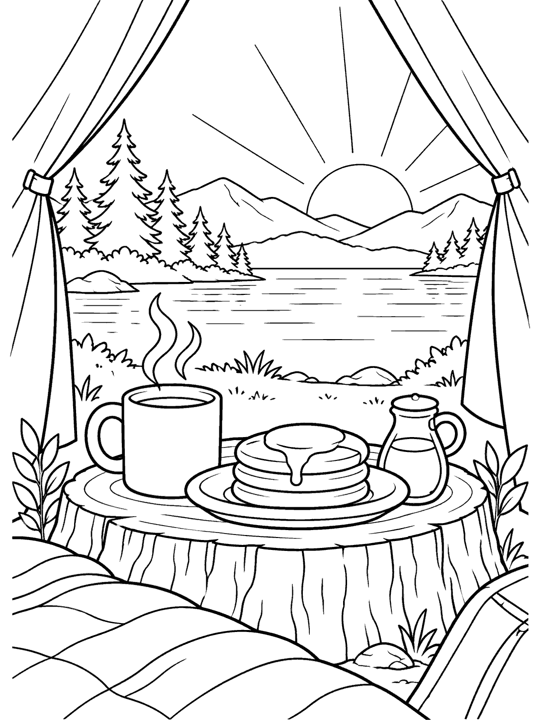 Camping breakfast with pancakes, a steaming mug, and syrup on a stump table beside a sunrise lake, coloring page
