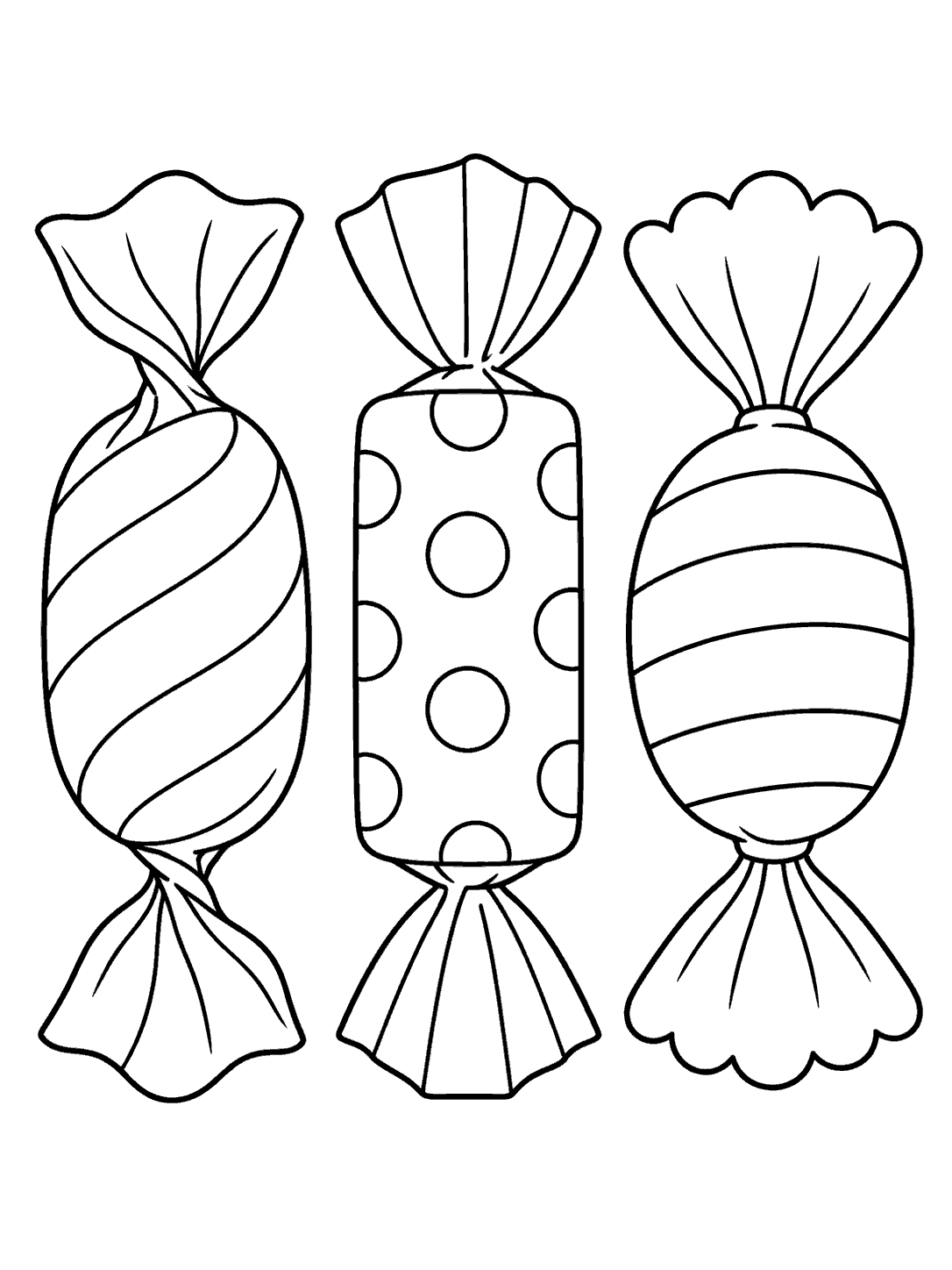 Three differently wrapped candies in a row, with twisted, pleated, and scalloped ends.