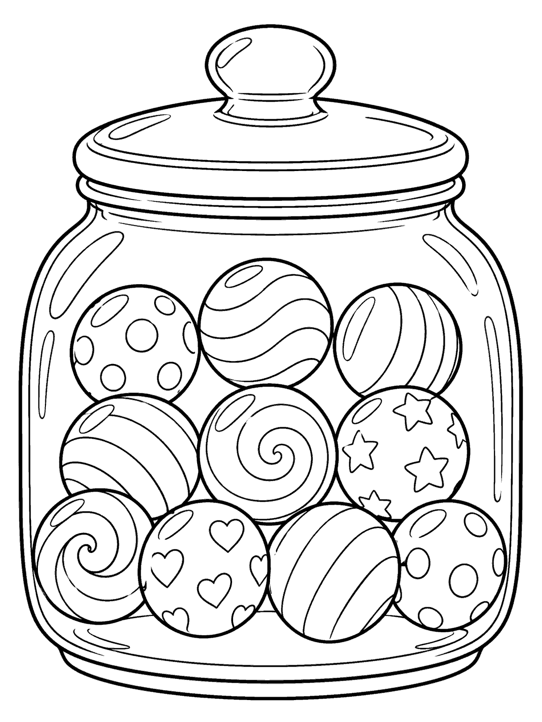 Black line art of a wide glass jar with a plain lid, filled with ten patterned round candies.