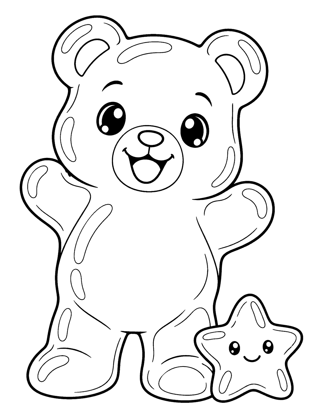 Large upright gummy bear with a small smiling five-point gummy star at its feet