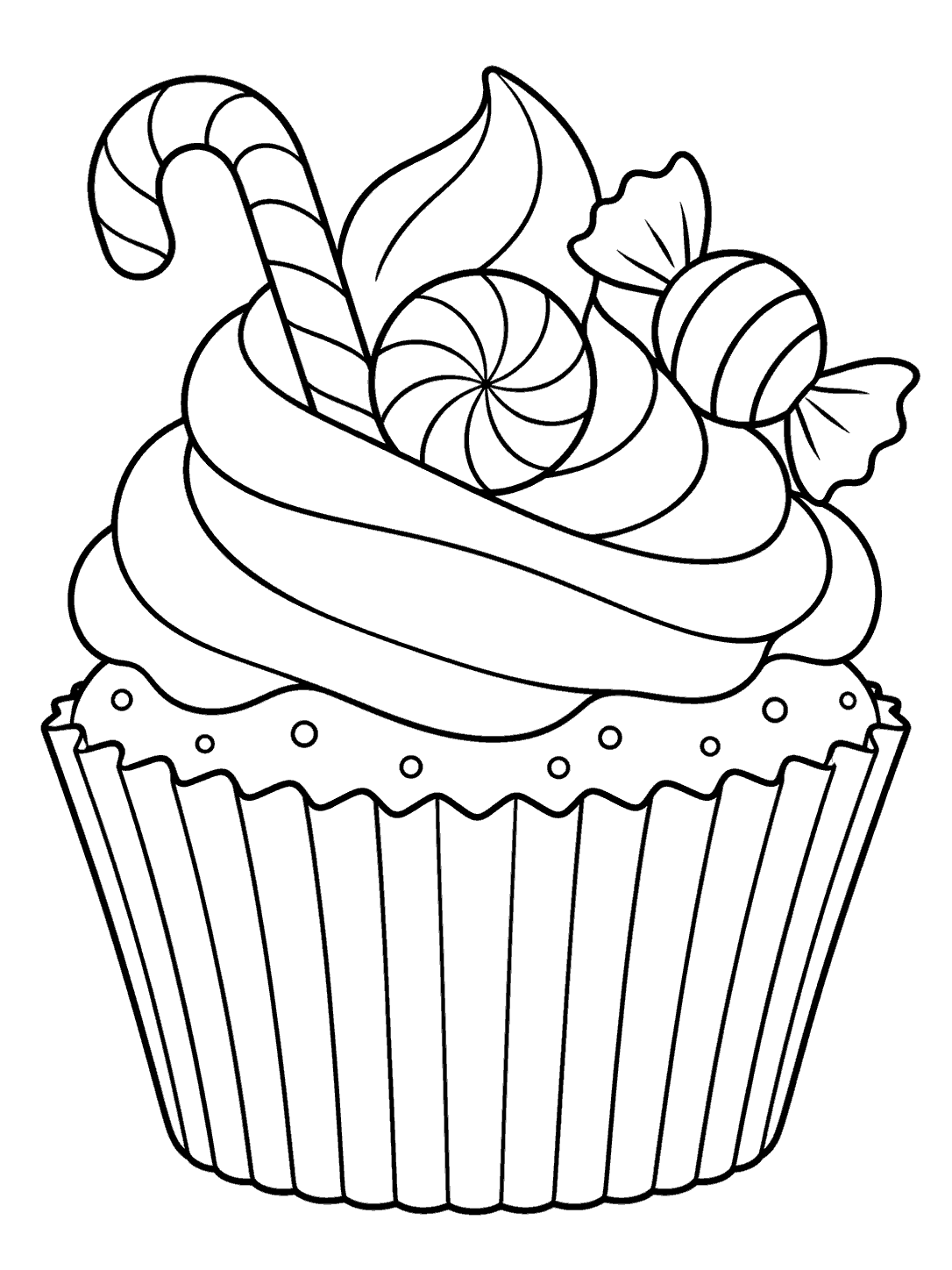 Large cupcake in a pleated liner with frosting, candy cane, peppermint, and wrapped sweet
