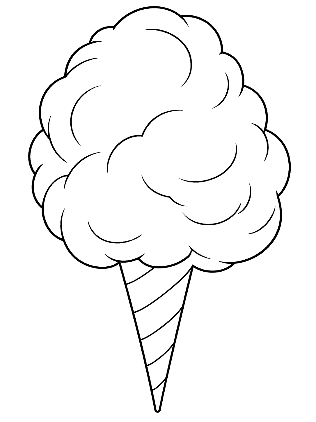 Large fluffy cotton candy puff with rounded lobes on a long cone with diagonal bands.