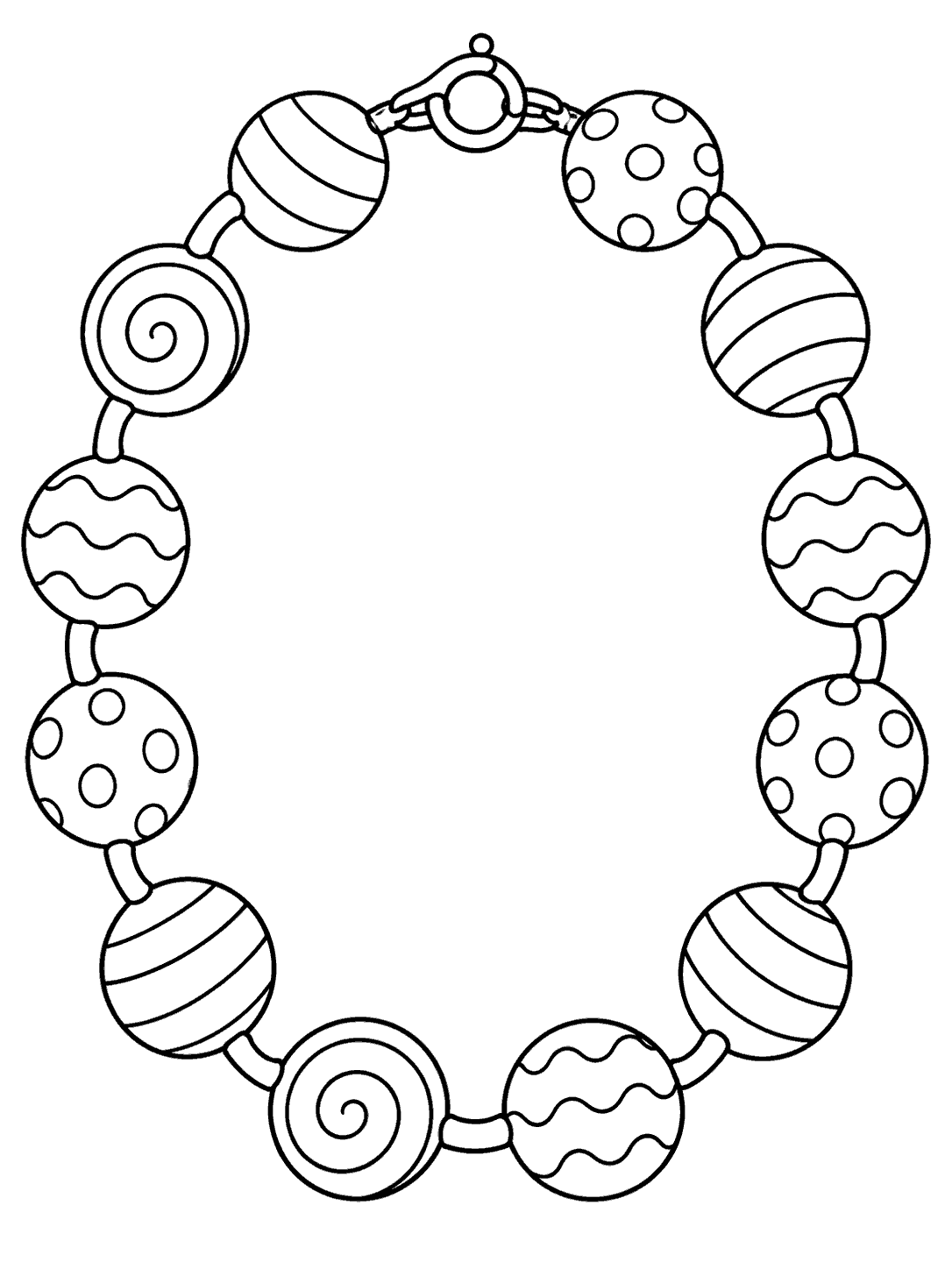 Candy necklace arranged in a tall oval, with twelve round patterned beads and a clasp at the top
