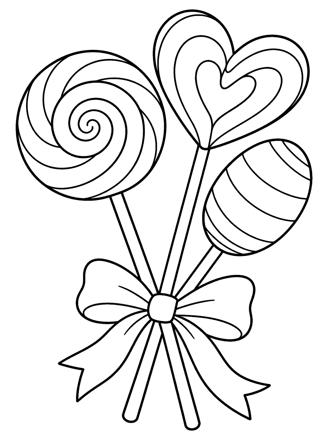 Three black-outline lollipops—a spiral, heart, and oval—gathered with their sticks tied by a bow.