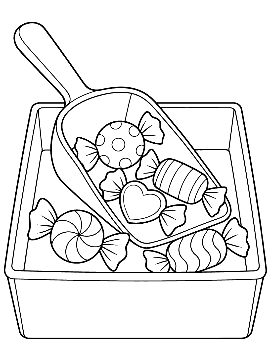 A three-quarter-view scoop holding wrapped candies above an open rectangular bin