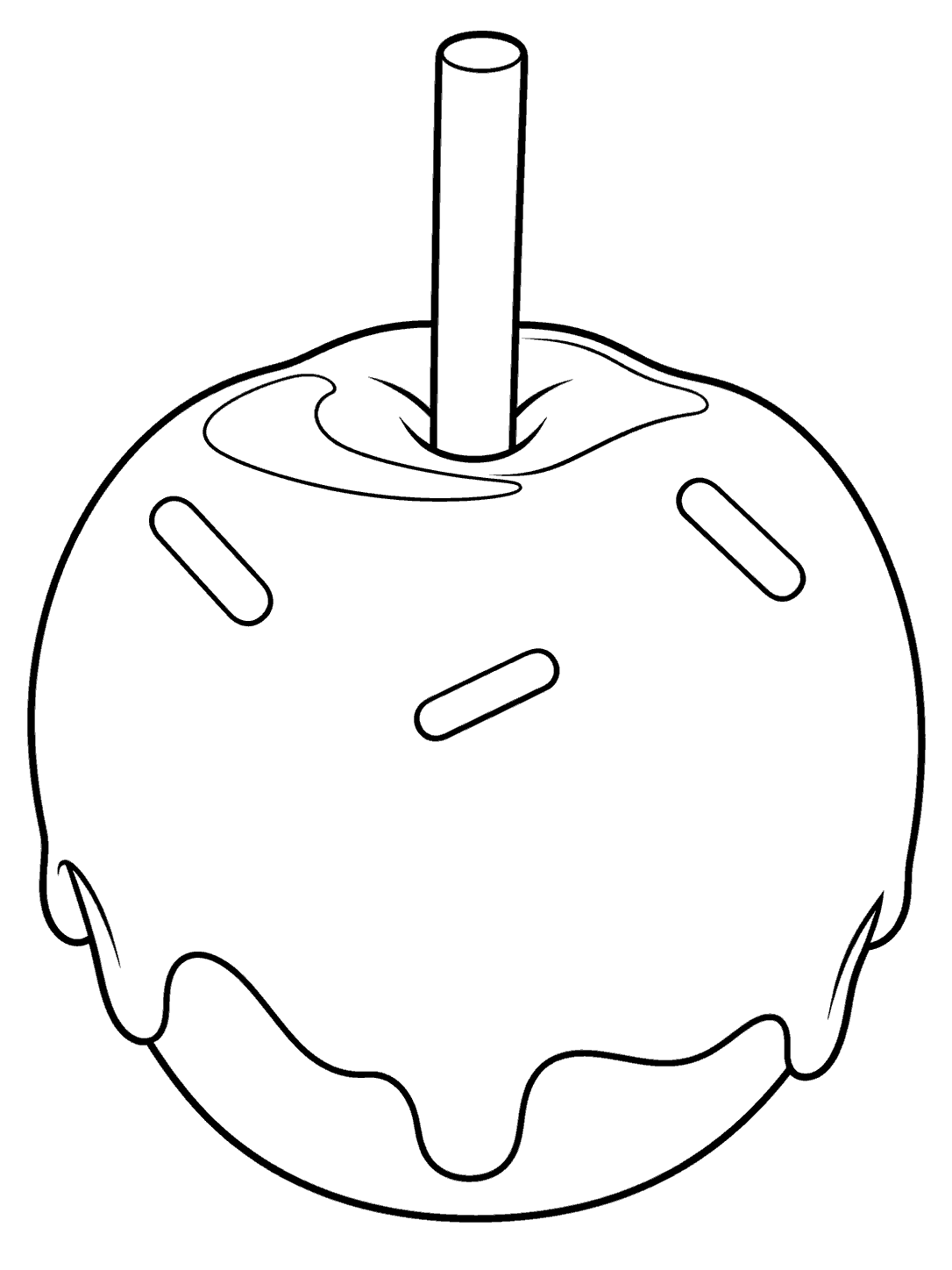Large outlined candy apple on a tall stick with three elongated sprinkles and dripping candy coating