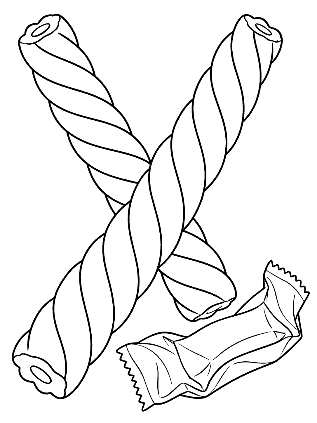 Two crossed ribbon-like licorice twists with an open wrapper beside them