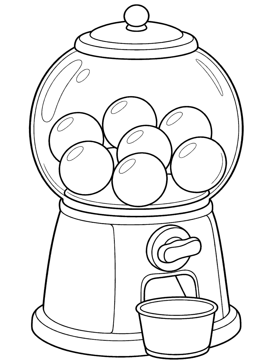 A black-and-white coloring page of a countertop candy dispenser with a globe of round candies, a knob, and a cup below.