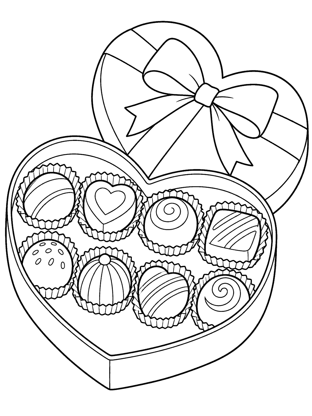 Open heart-shaped candy box with eight assorted chocolates and a ribboned lid resting behind it