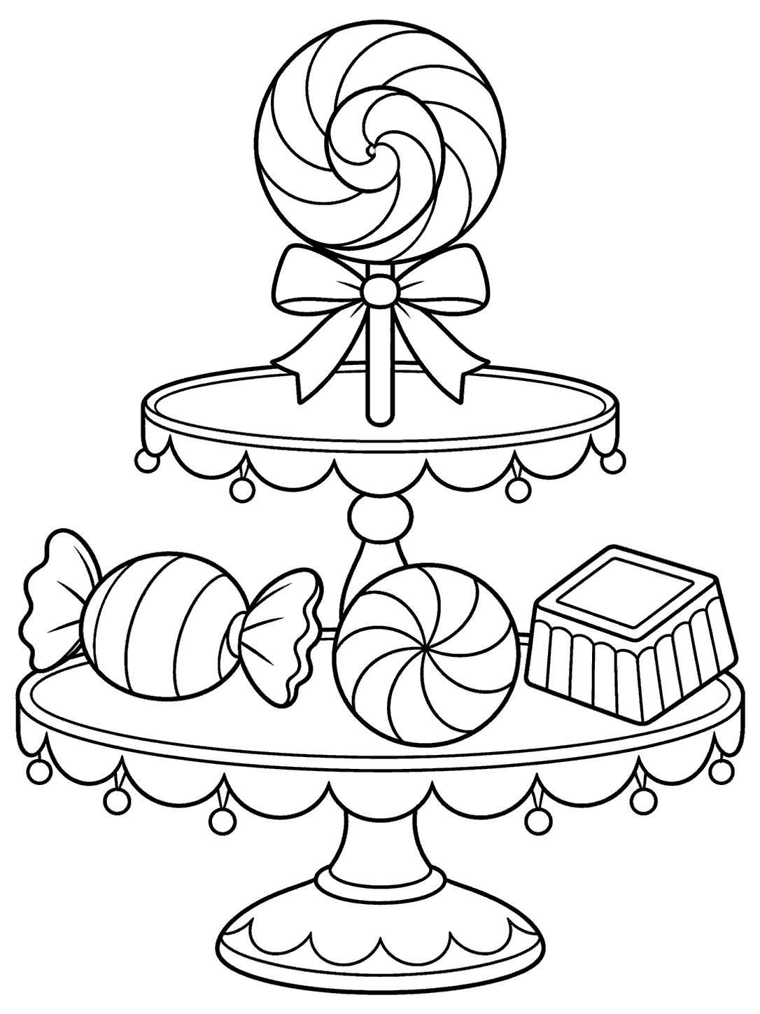 Black-and-white coloring page showing a two-tier ornamental candy stand with one lollipop on top and a wrapped sweet, peppermint, and chocolate square below.