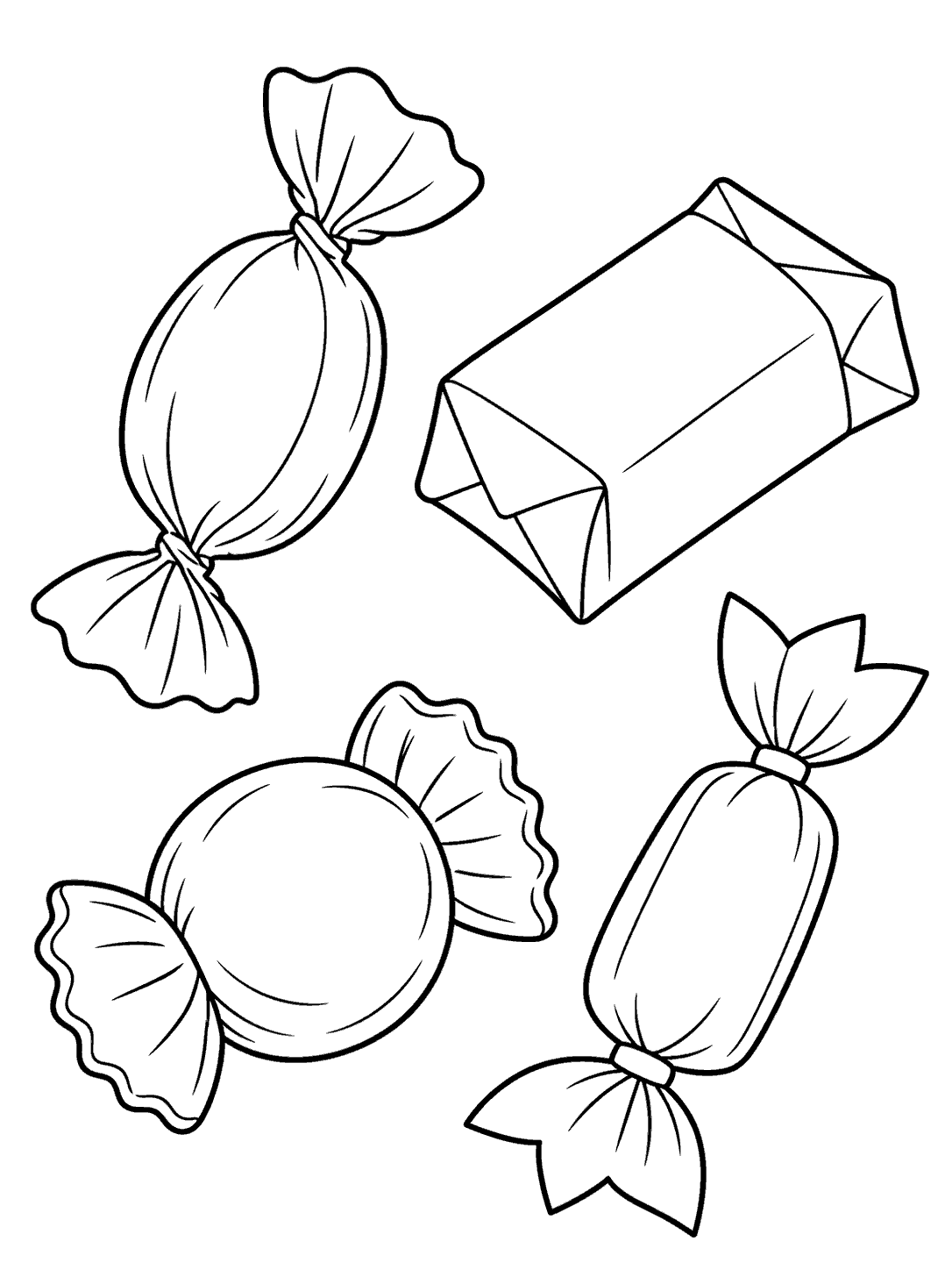 Four separate black-outline candy wrappers arranged across a portrait page, each with a different silhouette.