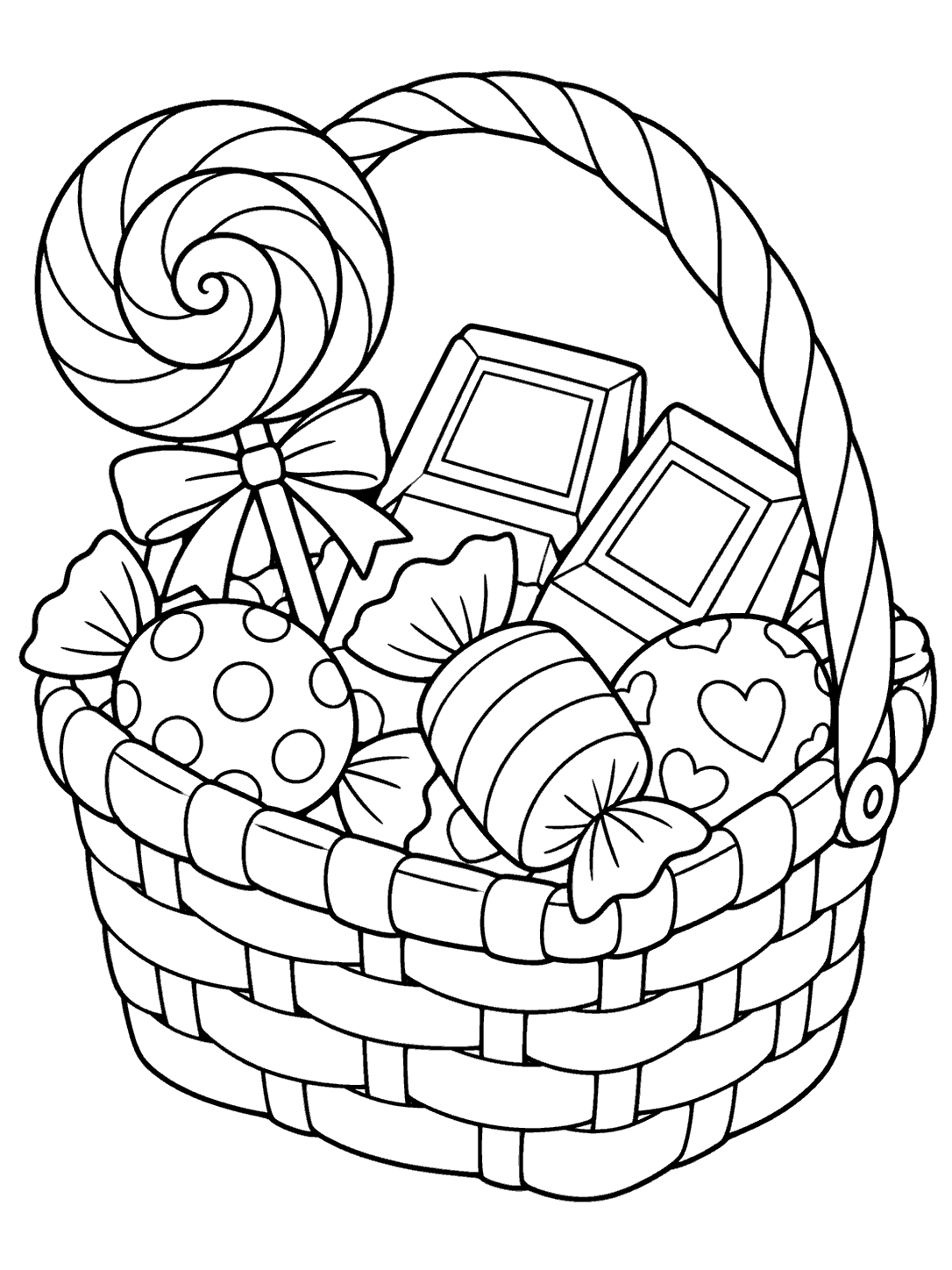 Black-and-white coloring page of a woven basket overflowing with assorted sweets.