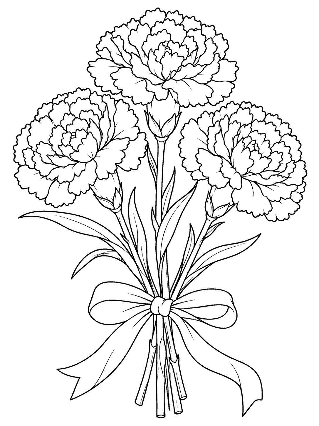 Carnation bouquet coloring page with three large outlined flowers, leaves, and a tied ribbon.
